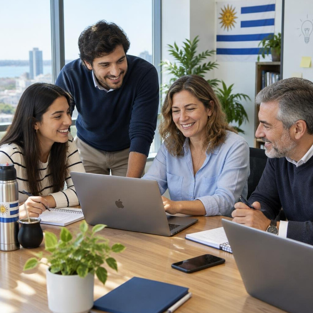 Diverse Latin American team collaborating around a table in a bright office